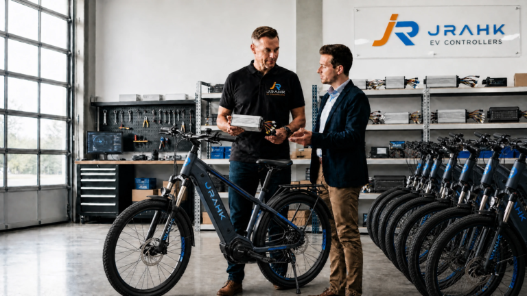 JRAHK professional EV controller warehouse, technician demonstrating controller to client, with a large inventory of electric bicycles in the background